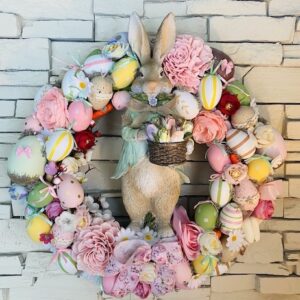 🌸 Couronne murale artisanale – Lapin vintage – 55 cm 🐇