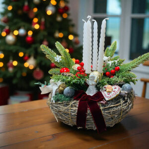 Couronne de l’Avent Vintage en Branchage Naturel – Décoration de Noël 30 cm avec Bougie