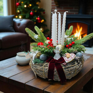 Couronne de l’Avent Vintage en Branchage Naturel – Décoration de Noël 30 cm avec Bougie