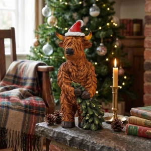 Vache Highland de Noël avec sapin LED 31cm